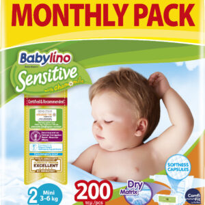 Babylino Sensitive Mini Nο.2 (3-6 kg) Monthly Pack Απορροφητικές & Πιστοποιημένα Φιλικές Βρεφικές Πάνες (4 x 50), 200 τεμάχια